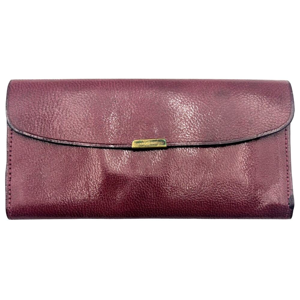 Vintage Genuine Eelskin Trifold Wallet Burgundy Leather Checkbook Snap Clasp